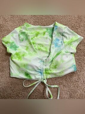Zaful Lime Green & Aqua Tie-Dye Cropped Top swimsuit with sleeves medium tie